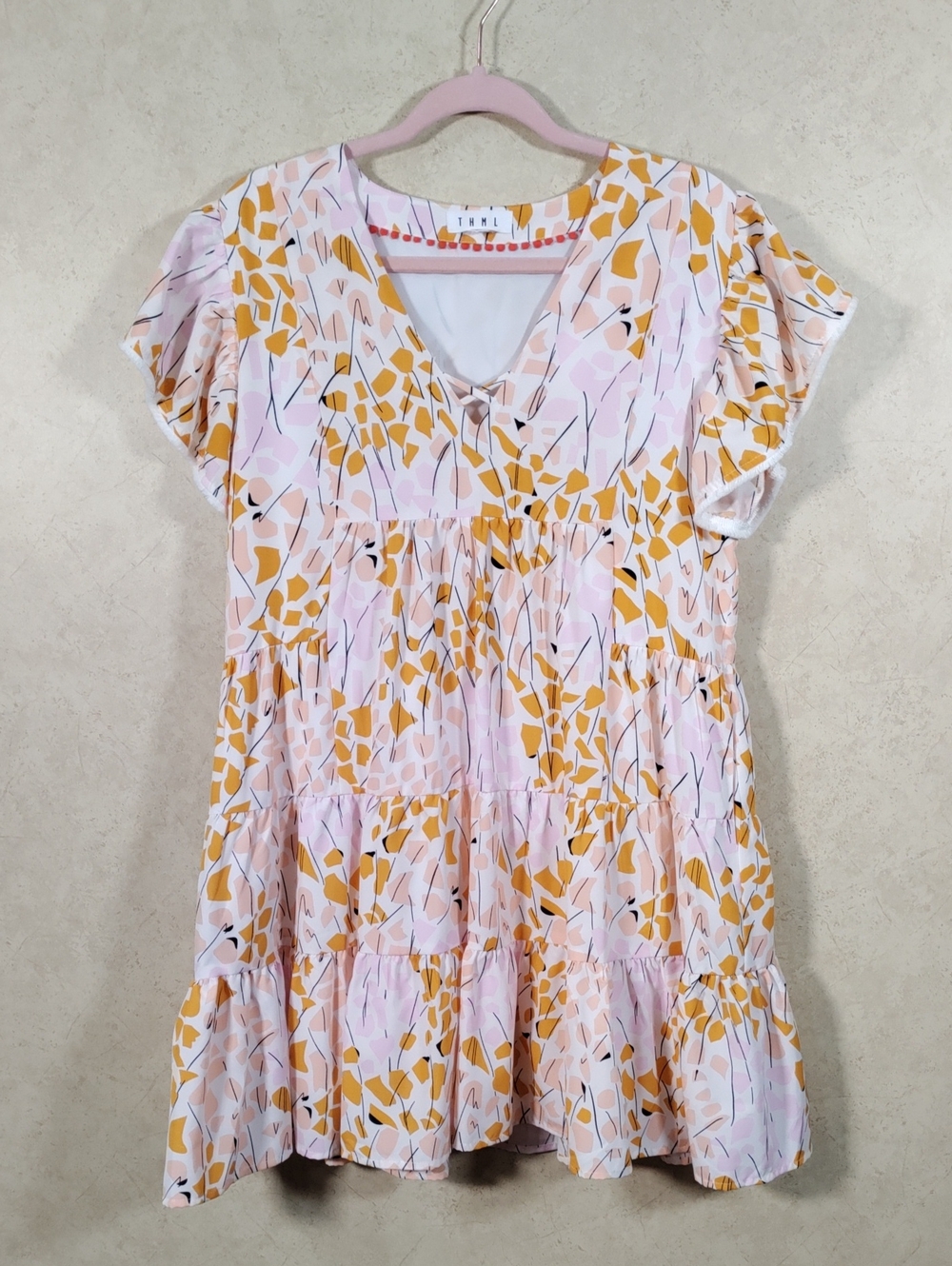 G082 THML golden yellow, peach & pink tiered ruffle sleeve dress M